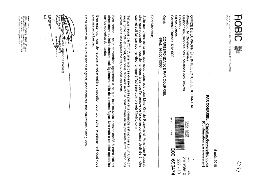 Document de brevet canadien 2502292. Correspondance 20100810. Image 1 de 1