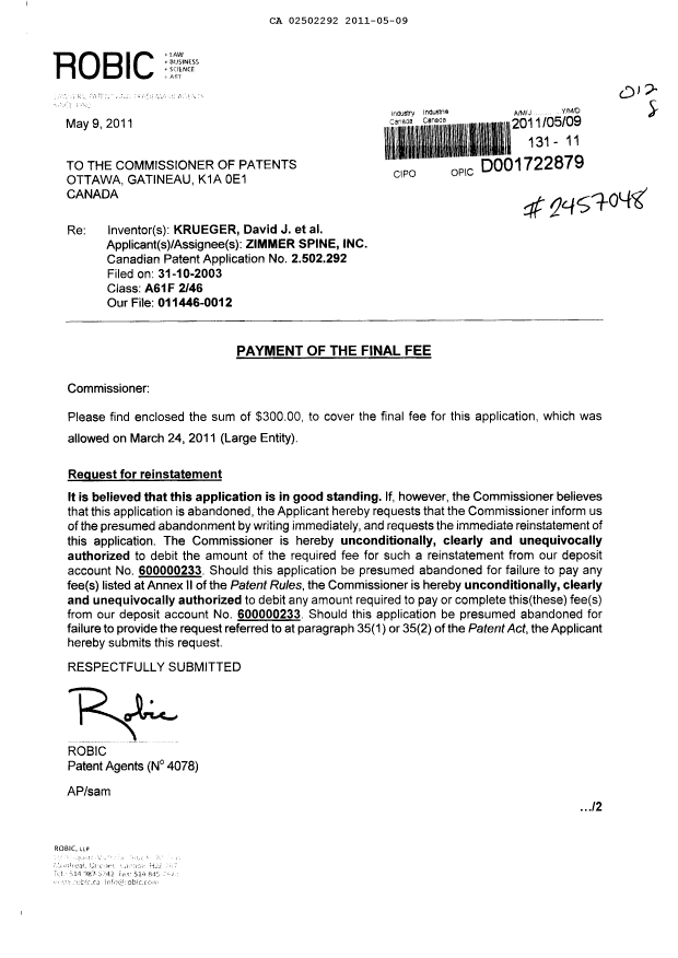 Canadian Patent Document 2502292. Correspondence 20110509. Image 1 of 2