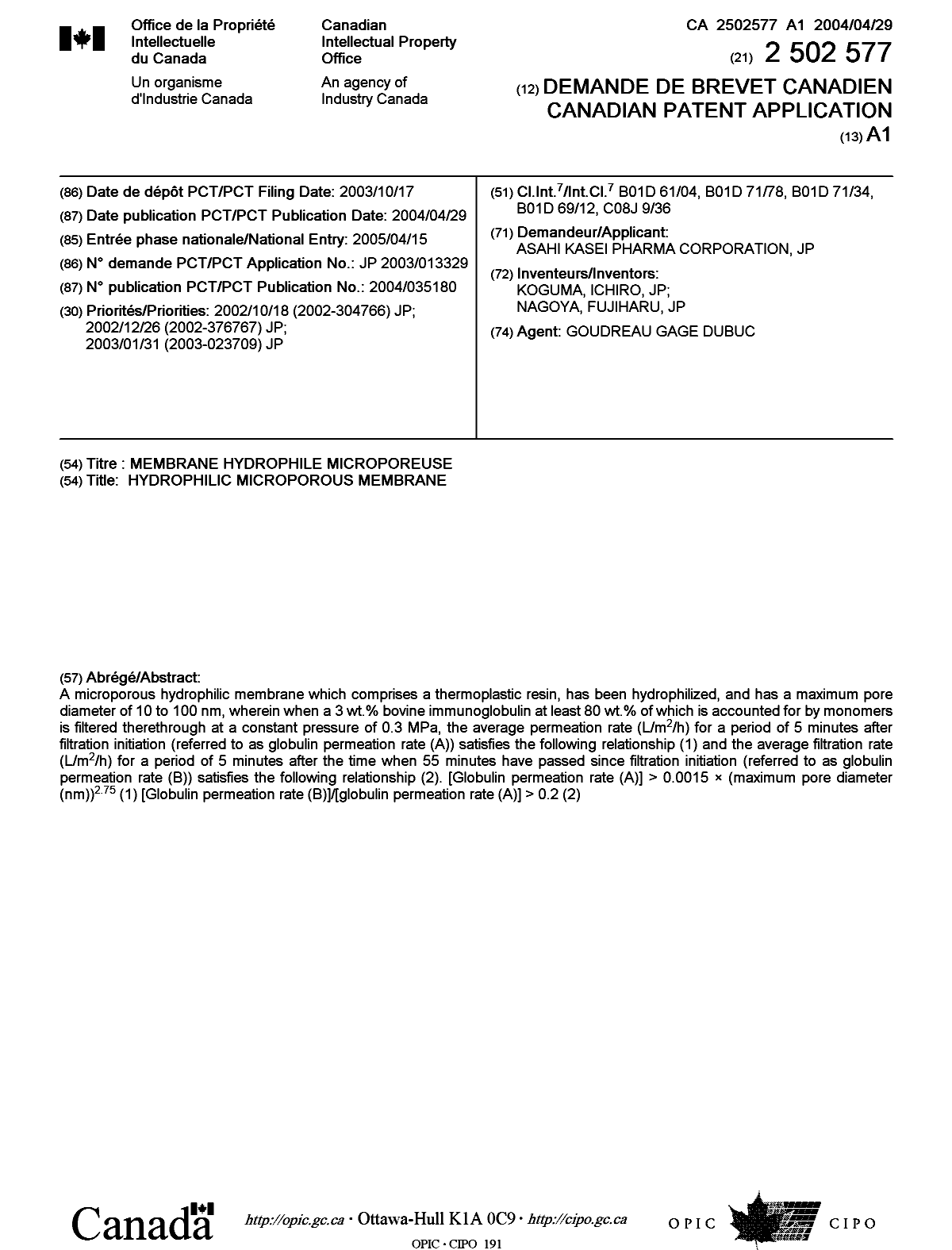 Canadian Patent Document 2502577. Cover Page 20050713. Image 1 of 1