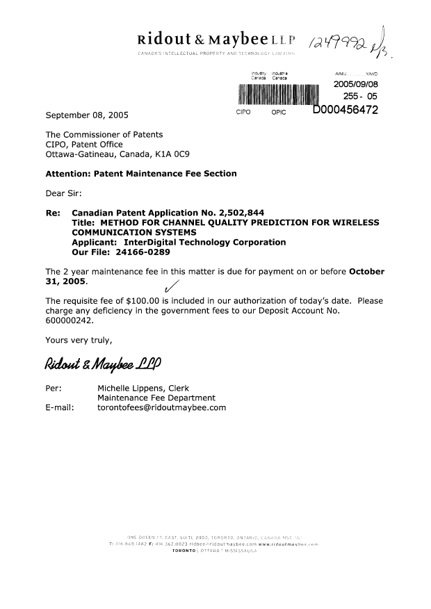 Document de brevet canadien 2502844. Taxes 20050908. Image 1 de 1