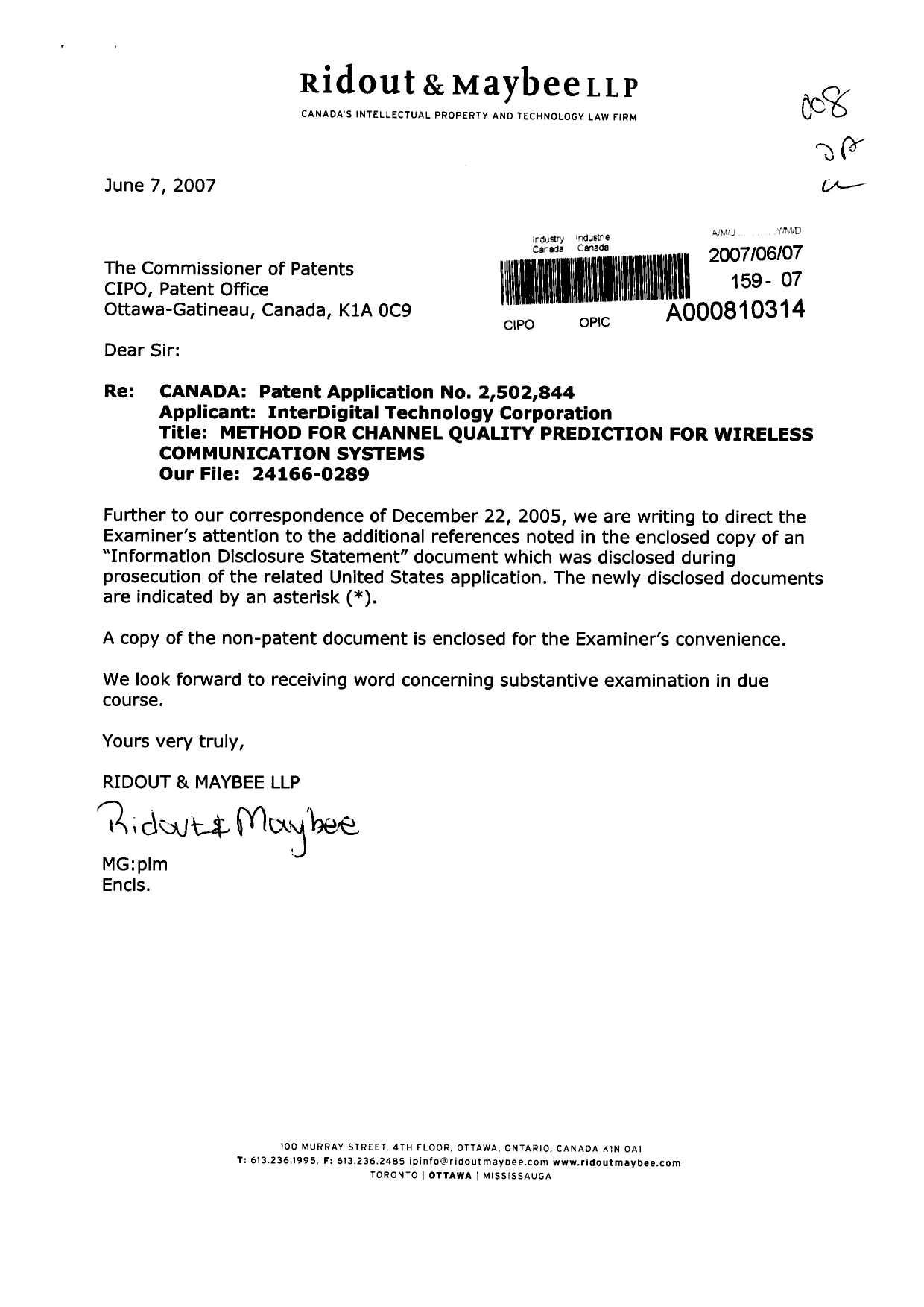 Canadian Patent Document 2502844. Prosecution-Amendment 20070607. Image 1 of 1