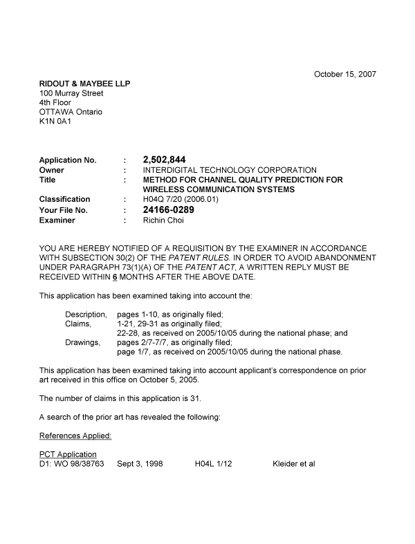 Document de brevet canadien 2502844. Poursuite-Amendment 20071015. Image 1 de 3
