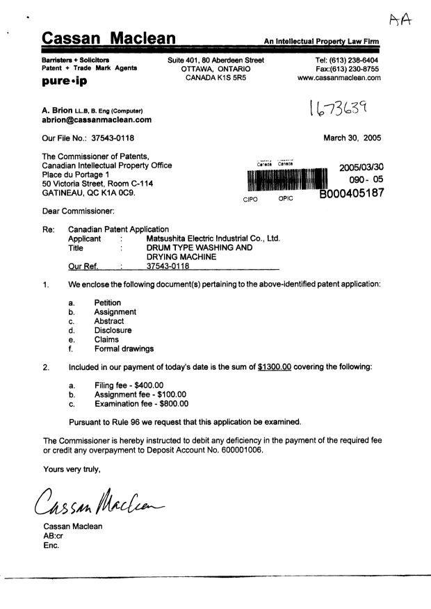 Document de brevet canadien 2503044. Cession 20050330. Image 1 de 5