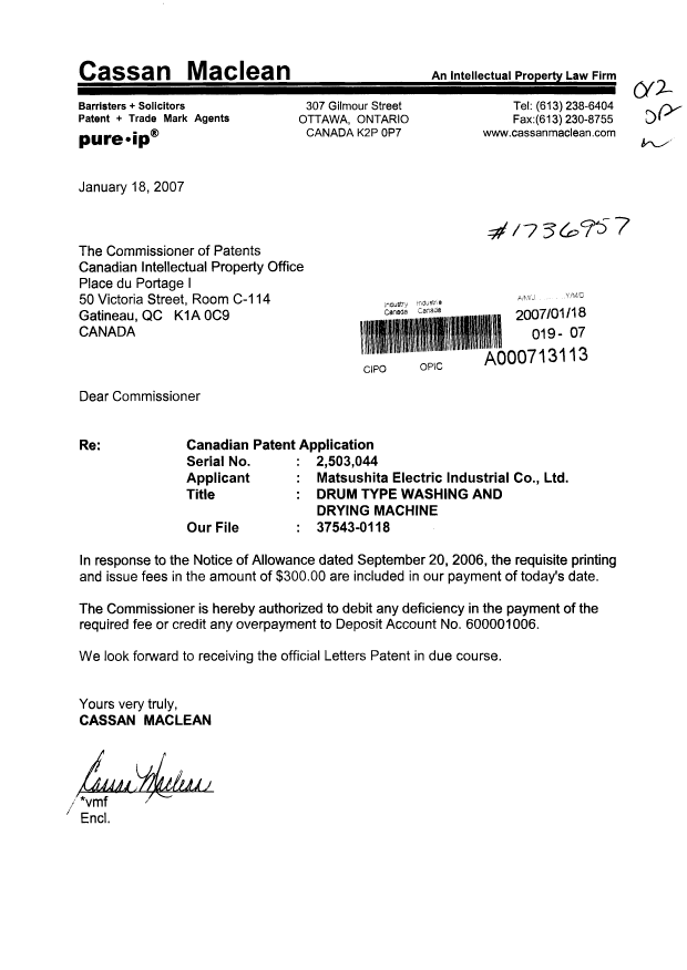 Document de brevet canadien 2503044. Correspondance 20070118. Image 1 de 1