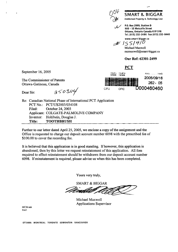 Document de brevet canadien 2503114. Cession 20050916. Image 1 de 4