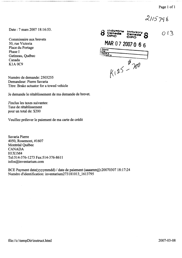 Document de brevet canadien 2503255. Poursuite-Amendment 20070307. Image 1 de 1