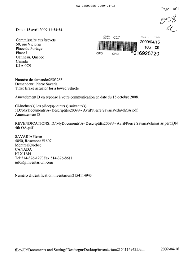 Document de brevet canadien 2503255. Poursuite-Amendment 20090415. Image 1 de 6