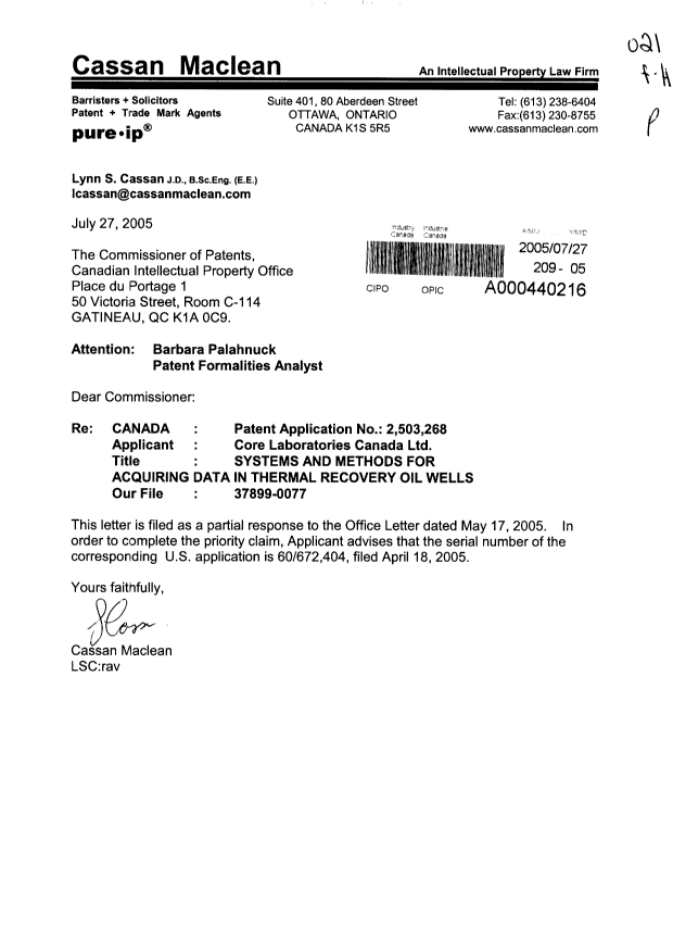 Canadian Patent Document 2503268. Correspondence 20050727. Image 1 of 1