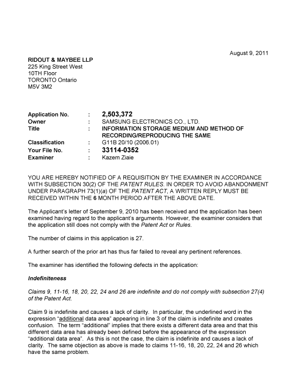 Document de brevet canadien 2503372. Poursuite-Amendment 20110809. Image 1 de 2