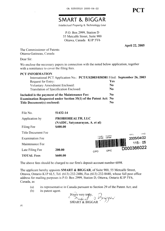 Document de brevet canadien 2503510. Cession 20050422. Image 1 de 2