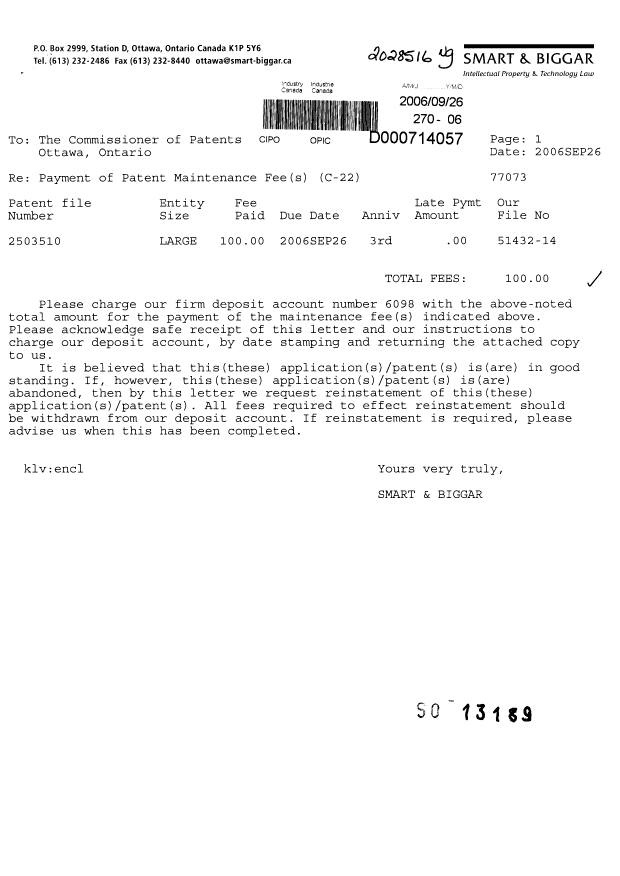 Canadian Patent Document 2503510. Fees 20051226. Image 1 of 1