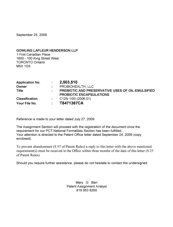 Canadian Patent Document 2503510. Correspondence 20090925. Image 1 of 1