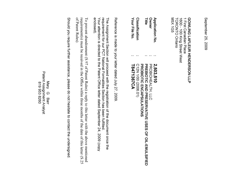 Canadian Patent Document 2503510. Correspondence 20090925. Image 1 of 1