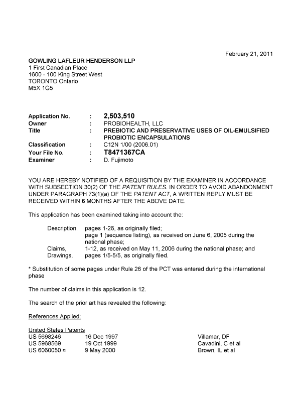 Canadian Patent Document 2503510. Prosecution-Amendment 20101221. Image 1 of 4