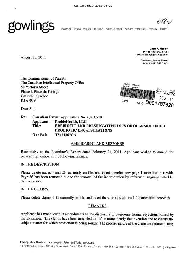 Canadian Patent Document 2503510. Prosecution-Amendment 20101222. Image 1 of 9