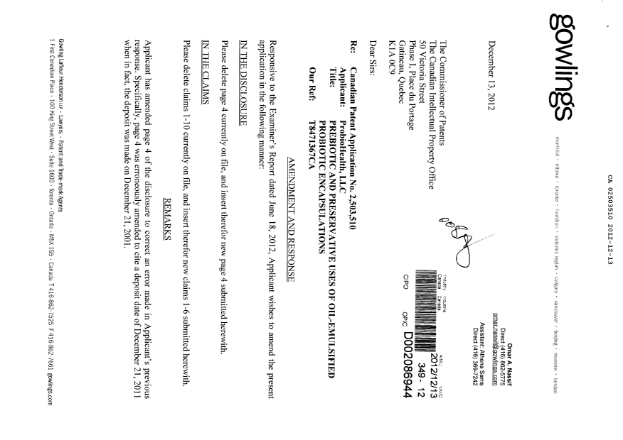 Document de brevet canadien 2503510. Poursuite-Amendment 20111213. Image 1 de 7