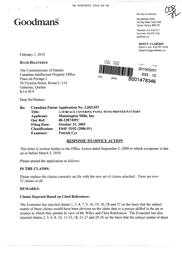 Canadian Patent Document 2503553. Prosecution-Amendment 20100201. Image 1 of 7