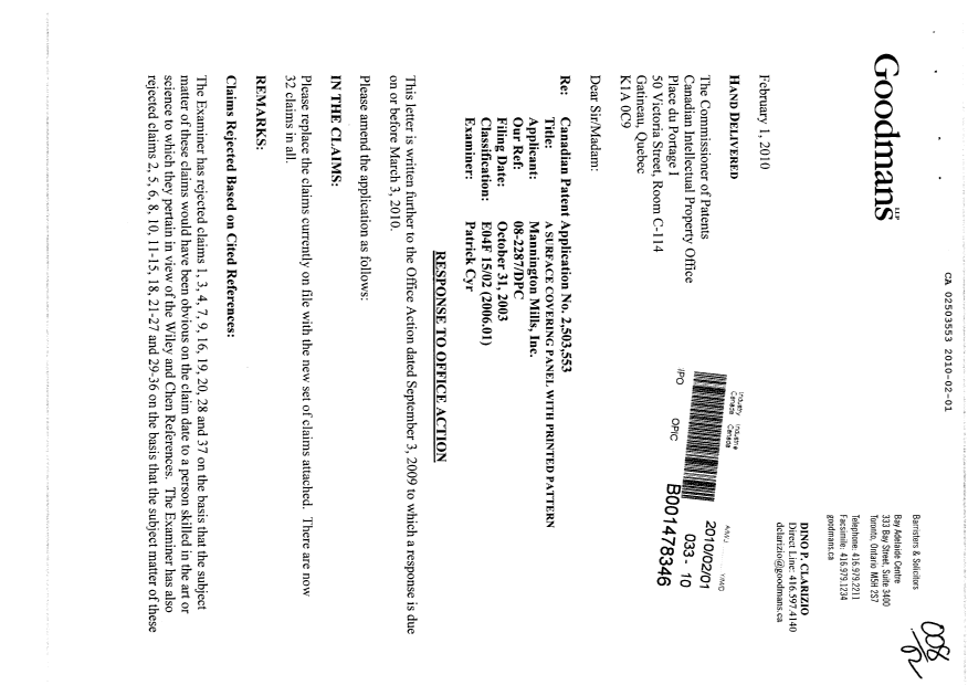 Canadian Patent Document 2503553. Prosecution-Amendment 20100201. Image 1 of 7
