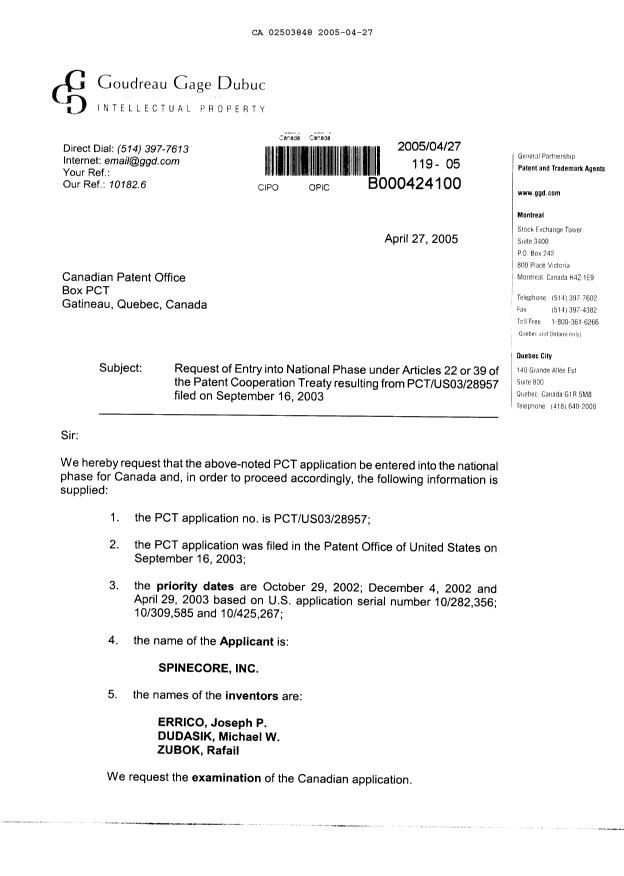 Document de brevet canadien 2503848. Cession 20050427. Image 1 de 5