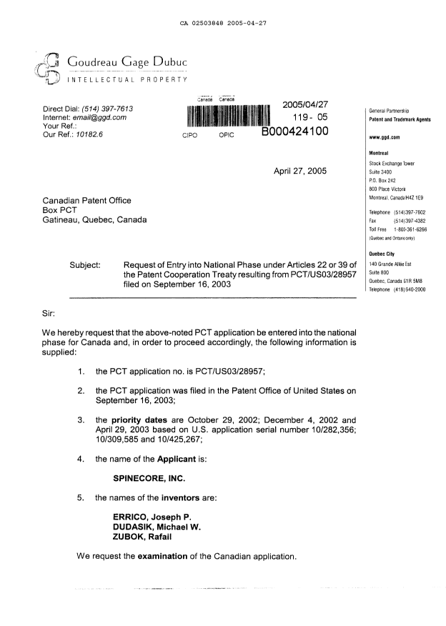 Document de brevet canadien 2503848. Poursuite-Amendment 20050427. Image 1 de 29