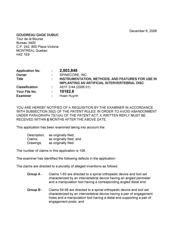 Document de brevet canadien 2503848. Poursuite-Amendment 20061206. Image 1 de 3