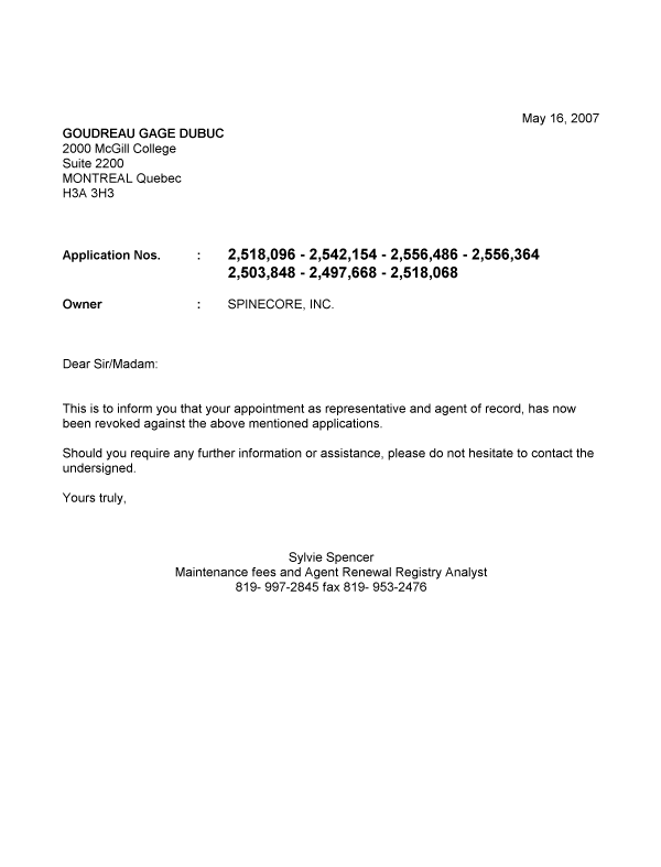 Document de brevet canadien 2503848. Correspondance 20070516. Image 1 de 1