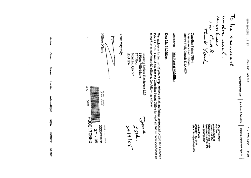 Canadian Patent Document 2504011. Correspondence 20050928. Image 1 of 3
