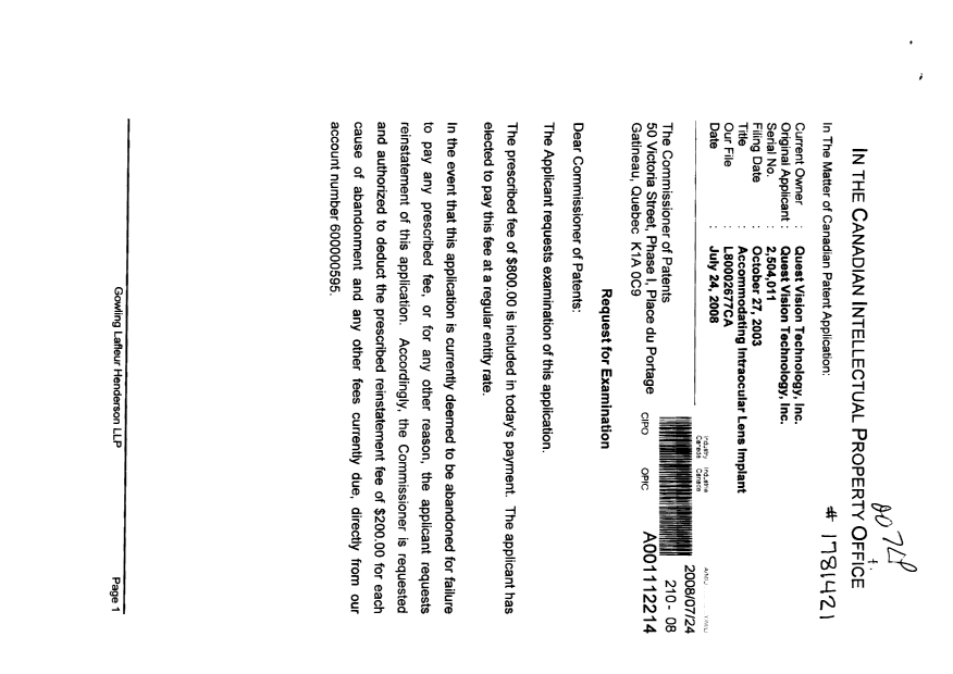 Canadian Patent Document 2504011. Prosecution-Amendment 20080724. Image 1 of 2