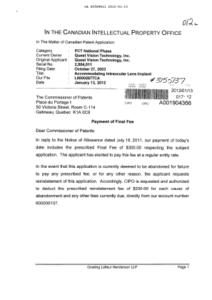 Canadian Patent Document 2504011. Correspondence 20120113. Image 1 of 2