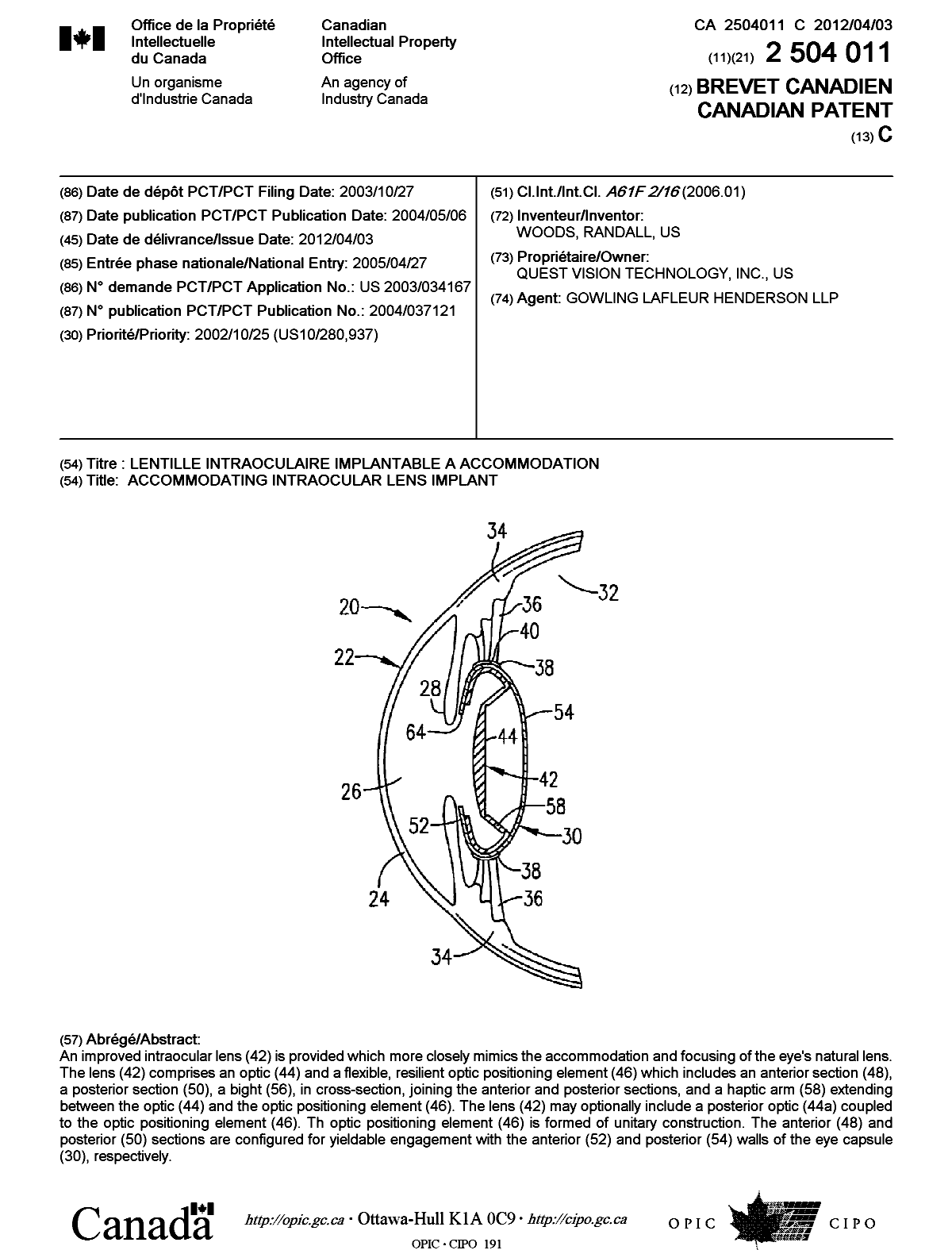 Canadian Patent Document 2504011. Cover Page 20120306. Image 1 of 1