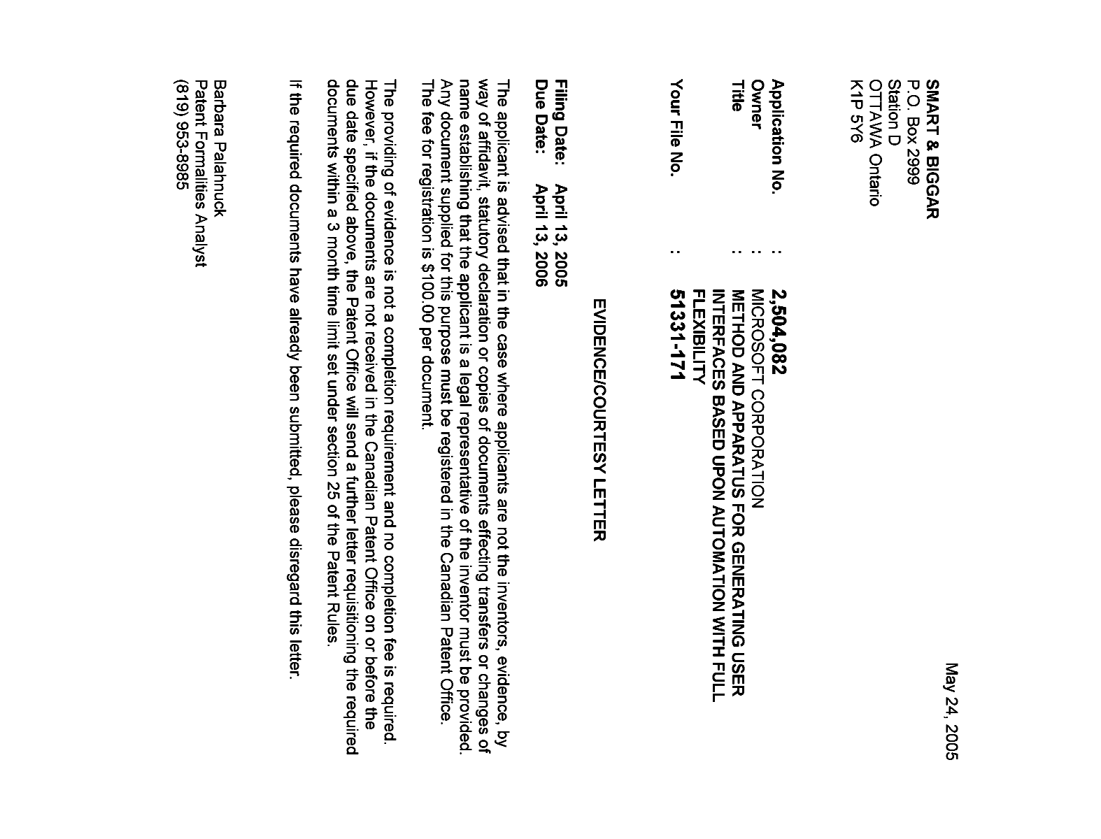 Canadian Patent Document 2504082. Correspondence 20041218. Image 1 of 1