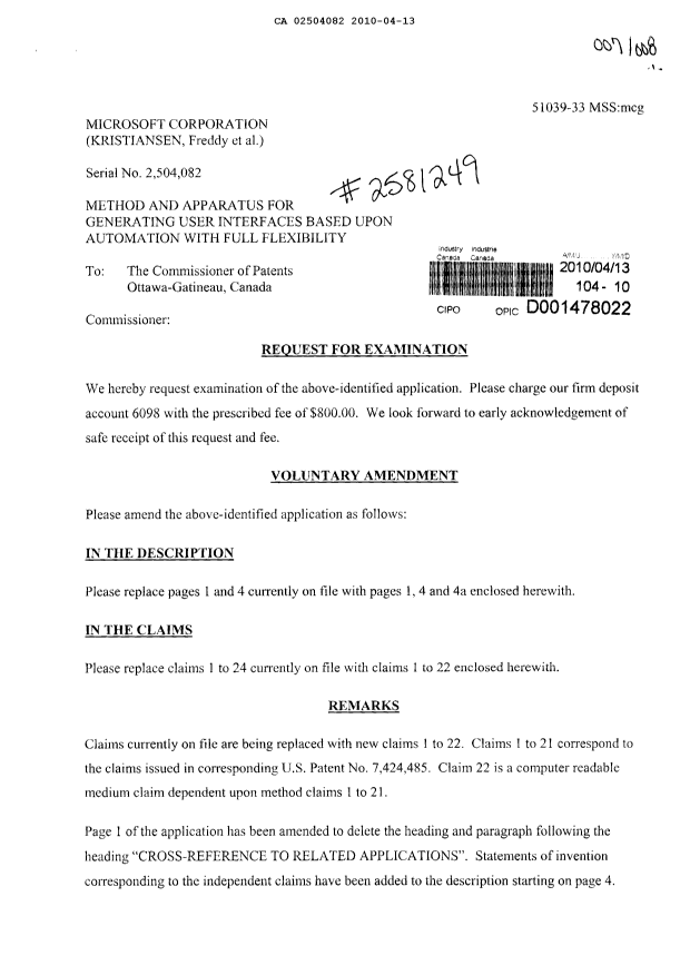 Canadian Patent Document 2504082. Prosecution-Amendment 20091213. Image 1 of 9