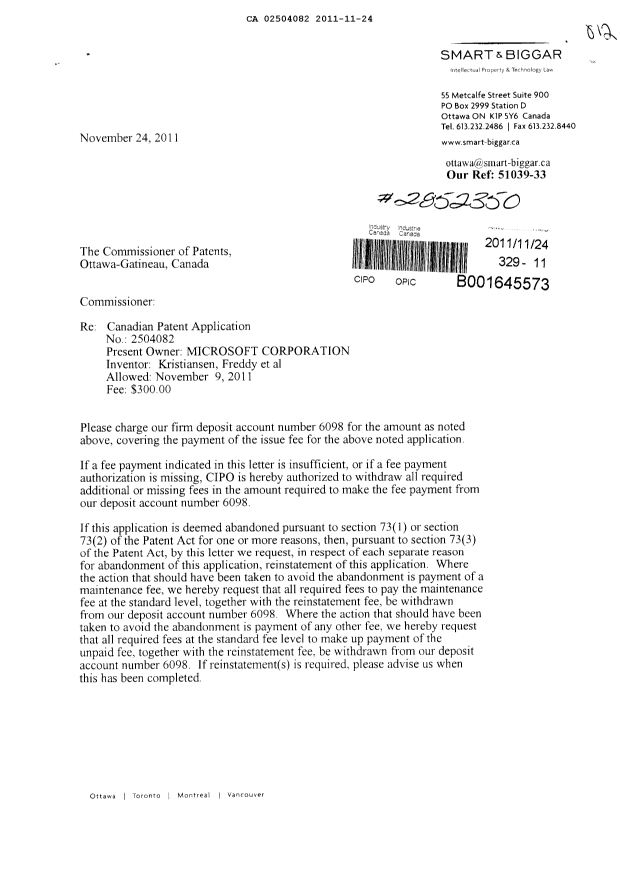 Canadian Patent Document 2504082. Correspondence 20101224. Image 1 of 2