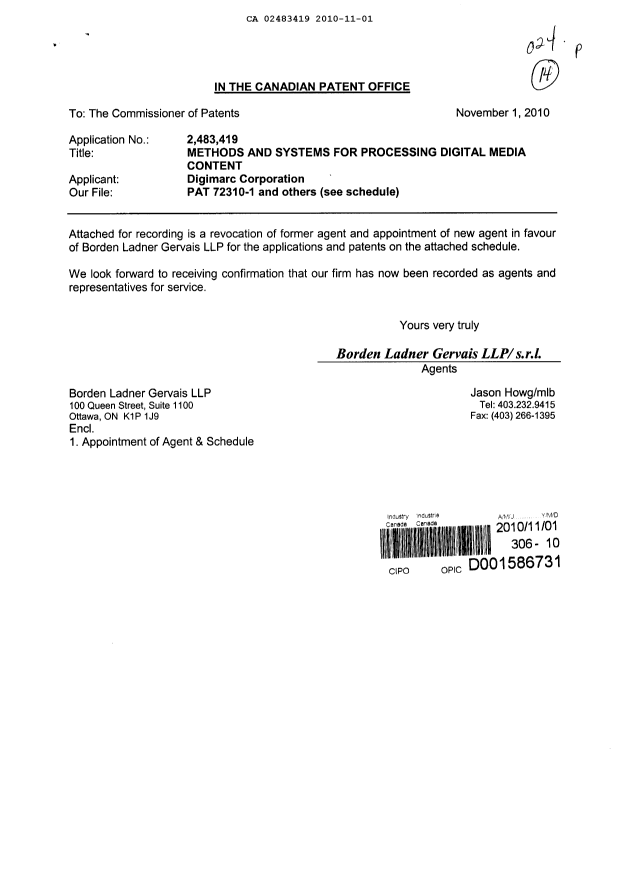 Canadian Patent Document 2504316. Correspondence 20091201. Image 1 of 3