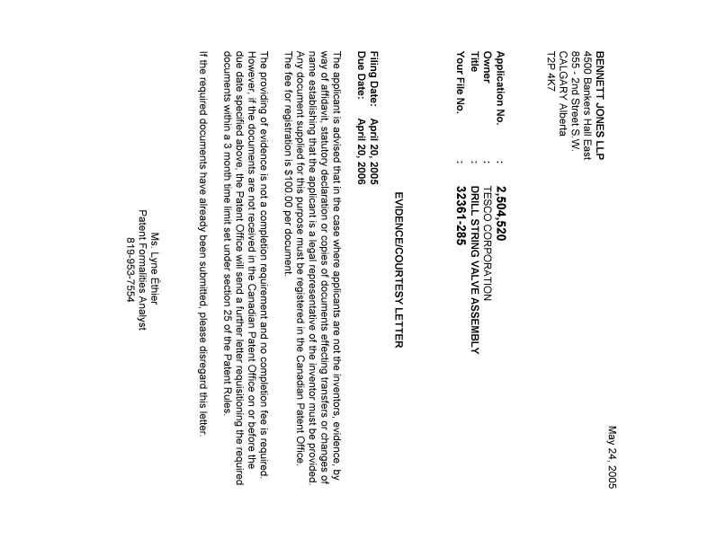 Canadian Patent Document 2504520. Correspondence 20050519. Image 1 of 1