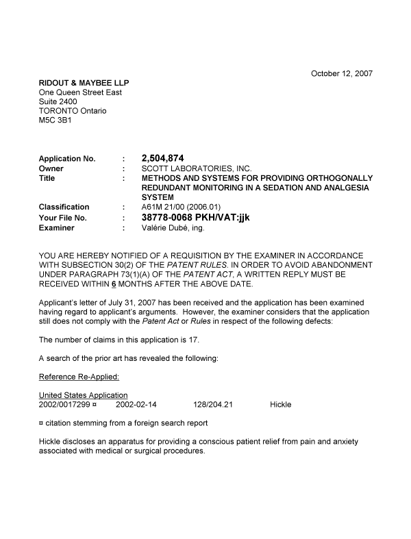 Canadian Patent Document 2504874. Prosecution-Amendment 20071012. Image 1 of 2