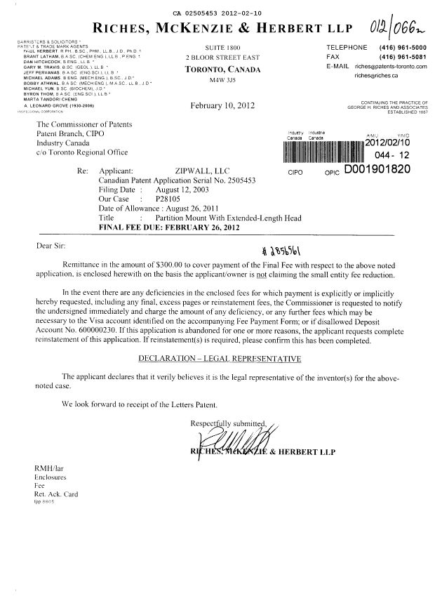 Canadian Patent Document 2505453. Correspondence 20120210. Image 1 of 1