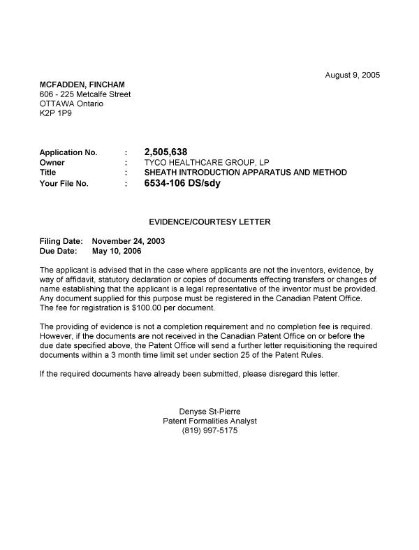Document de brevet canadien 2505638. Correspondance 20050808. Image 1 de 1