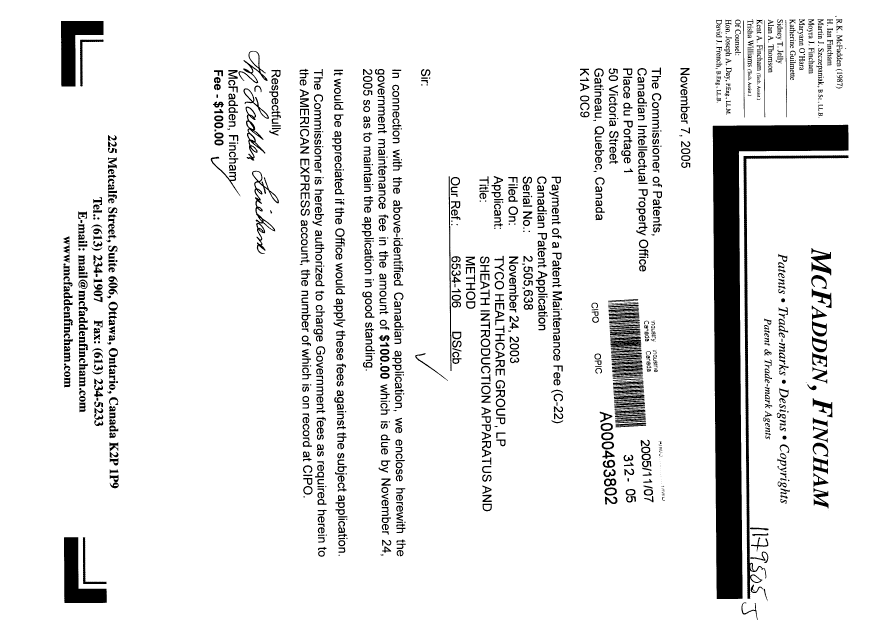 Document de brevet canadien 2505638. Taxes 20051107. Image 1 de 1
