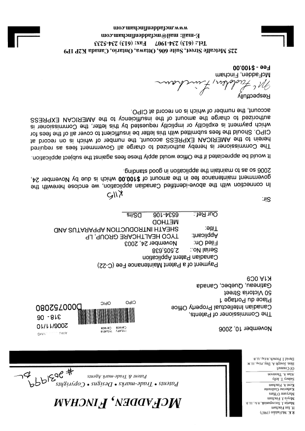Canadian Patent Document 2505638. Fees 20061110. Image 1 of 1