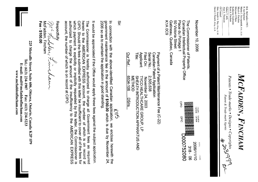 Document de brevet canadien 2505638. Taxes 20061110. Image 1 de 1