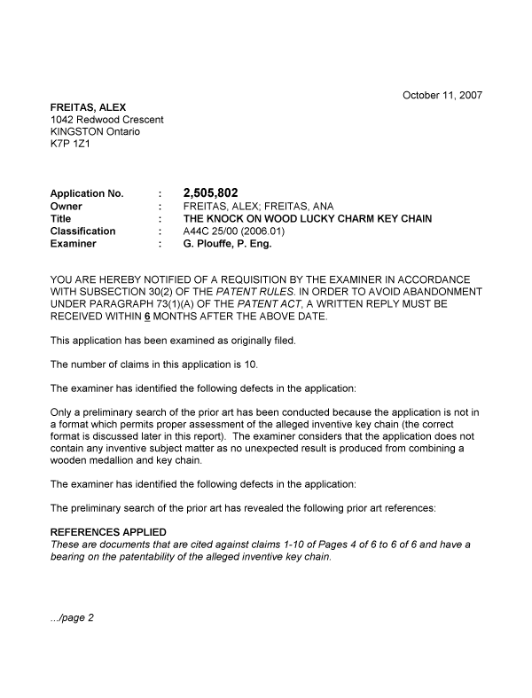 Document de brevet canadien 2505802. Poursuite-Amendment 20071011. Image 1 de 8