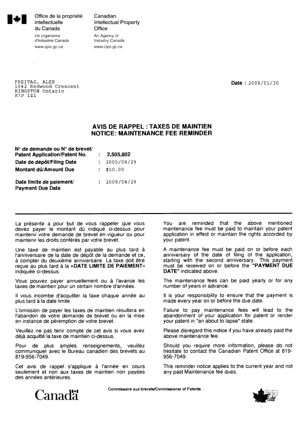 Document de brevet canadien 2505802. Correspondance 20080502. Image 1 de 2