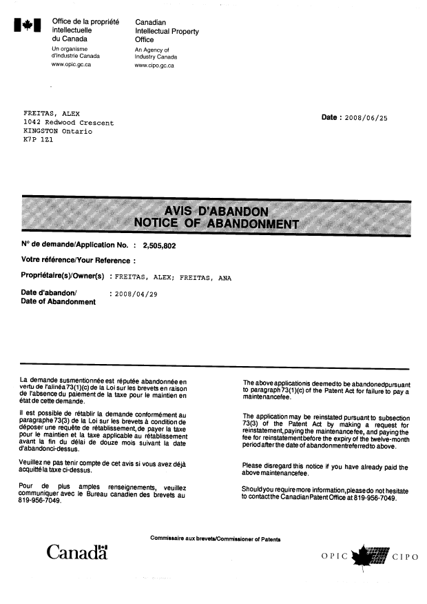 Document de brevet canadien 2505802. Correspondance 20080724. Image 1 de 2