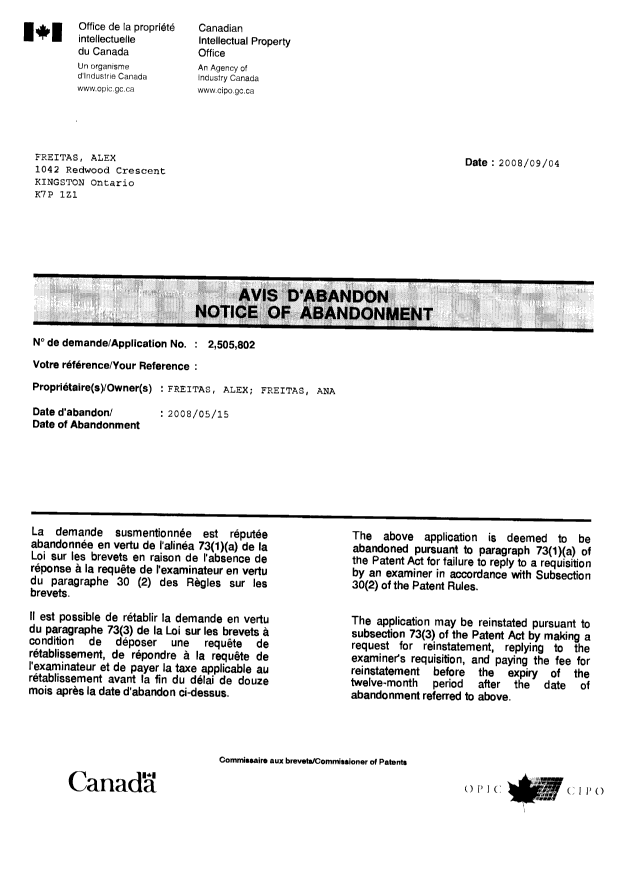 Document de brevet canadien 2505802. Correspondance 20080904. Image 1 de 2