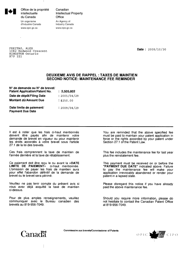 Document de brevet canadien 2505802. Correspondance 20081119. Image 1 de 2