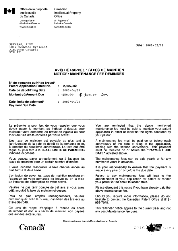 Document de brevet canadien 2505802. Correspondance 20090226. Image 1 de 3