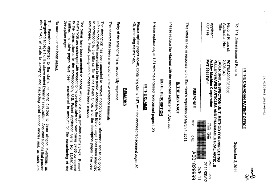 Document de brevet canadien 2506048. Poursuite-Amendment 20101202. Image 1 de 43
