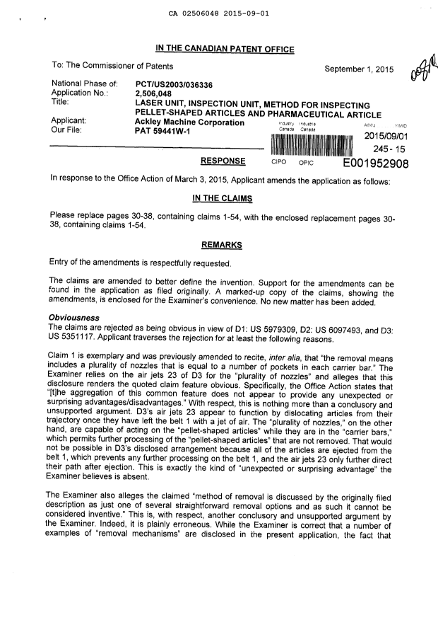 Canadian Patent Document 2506048. Prosecution-Amendment 20141201. Image 1 of 20