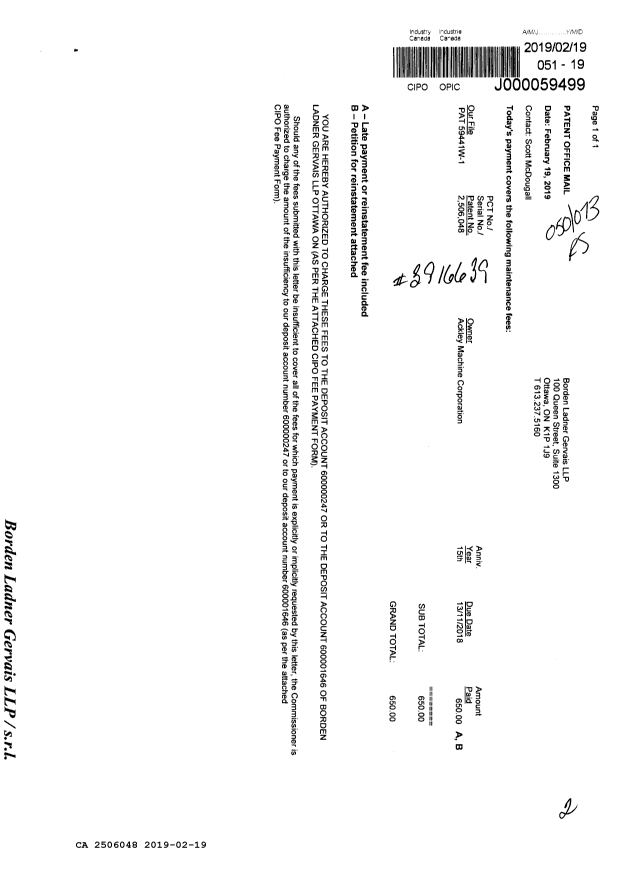 Canadian Patent Document 2506048. Fees 20181219. Image 1 of 2